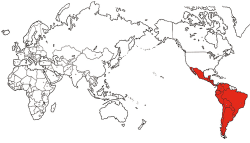 サシガメの分布図。多くが中南米に集中している。